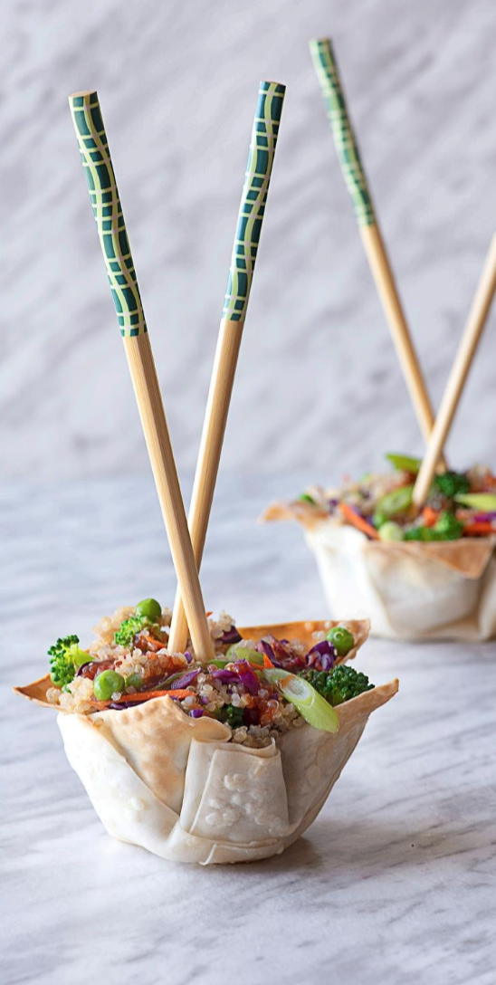 Wonton bowls with garlic-fried quinoa