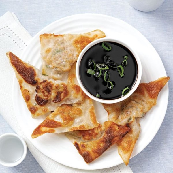 Wonton pot stickers with soy reduction