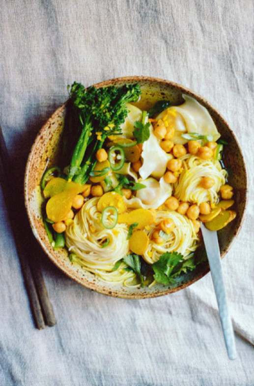 Wontons and noodles in ginger-turmeric broth
