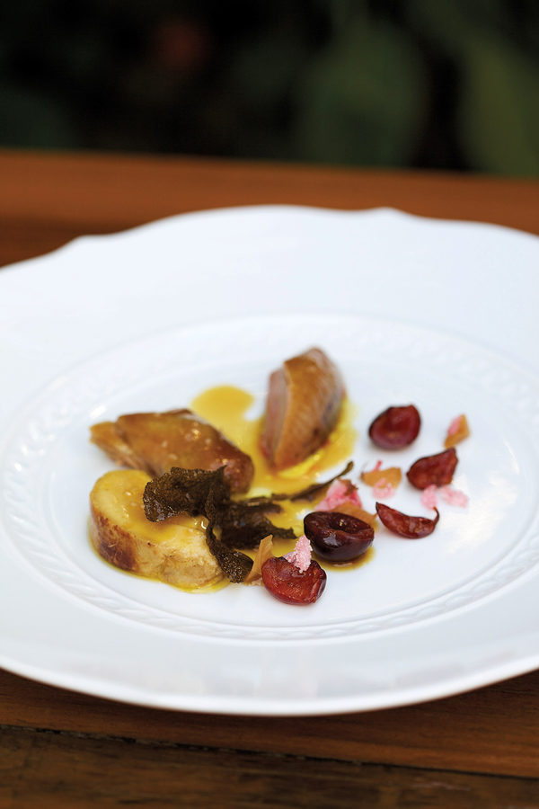 Wood pigeon with cherry leaves, roasted foie gras, cherries & salt cured cherry blossoms