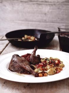 Wood pigeon with spätzle, chestnuts and pomegranate
