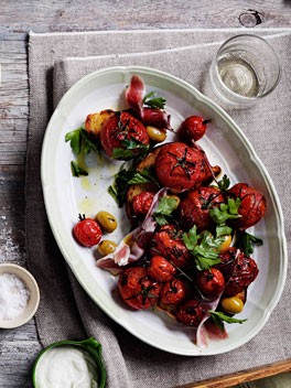 Wood-smoked tomatoes, jamón, grilled bread and olive salad