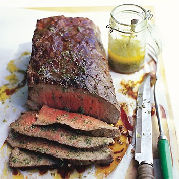 Wood-smoked tri-tip with Sicilian herb sauce