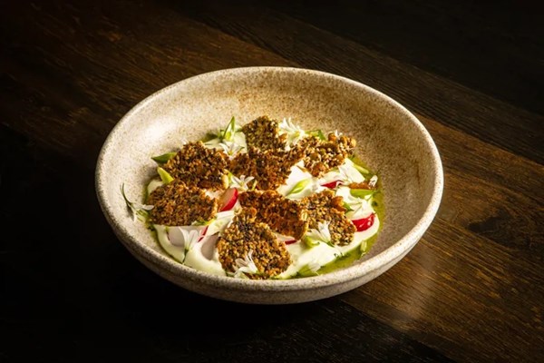 Woodruff (galium odoratum) yoghurt, dressing and seeded crackers