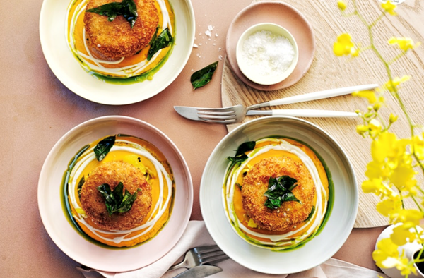 XO and mozzarella arancini with pumpkin puree and cabbage mallung