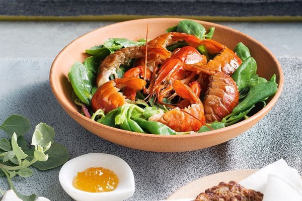 Yabby tails with buckwheat pikelets and creme fraiche