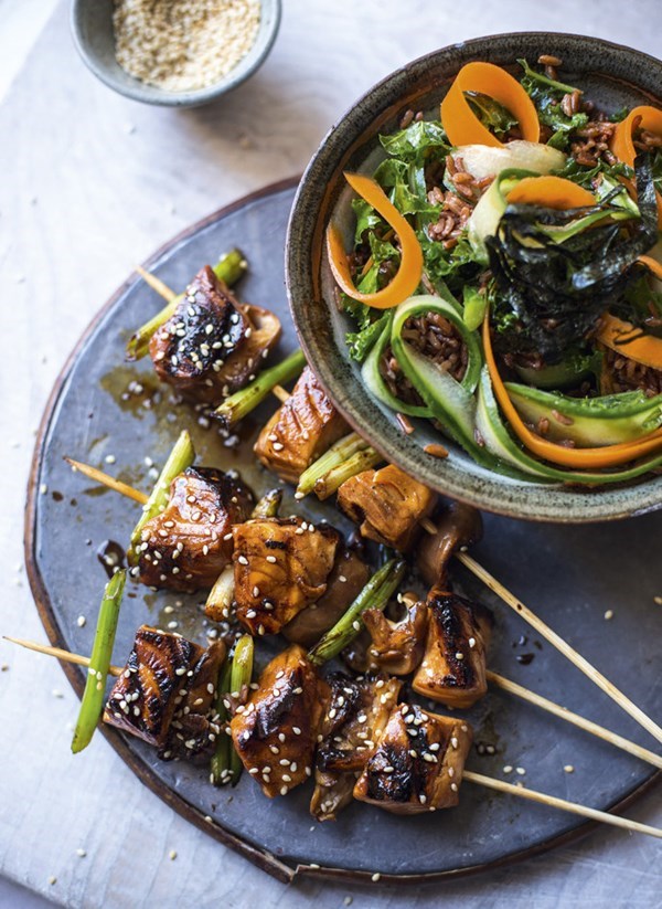 Yakitori salmon skewers with red rice salad recipe | Eat Your Books