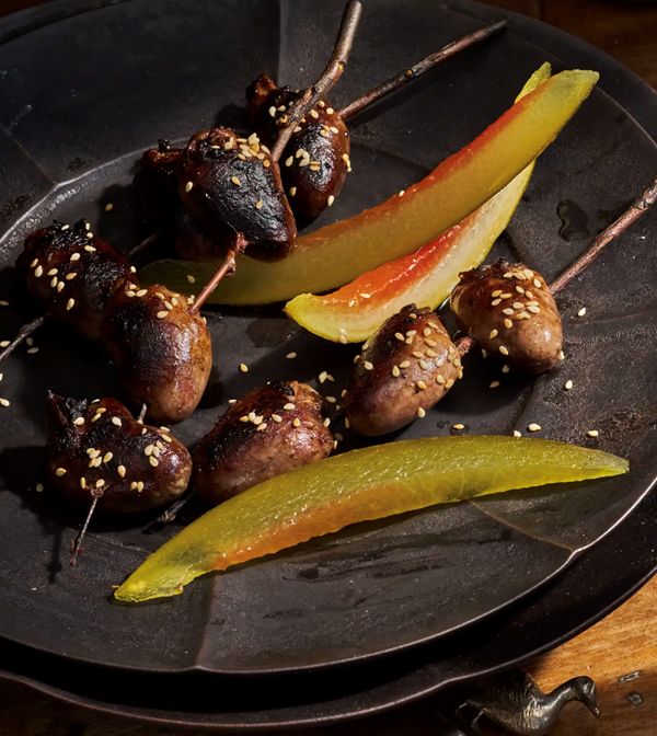 Yakitori-style duck hearts with pickled watermelon rind [Amethyst Ganaway]