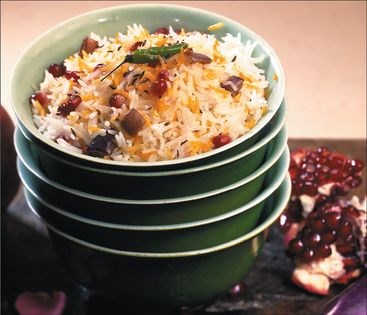 Yazdi polow with eggplant & pomegranate
