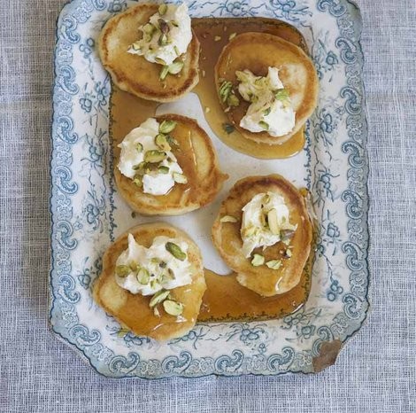 Yeast pancakes with ricotta cream and honey-rosewater syrup