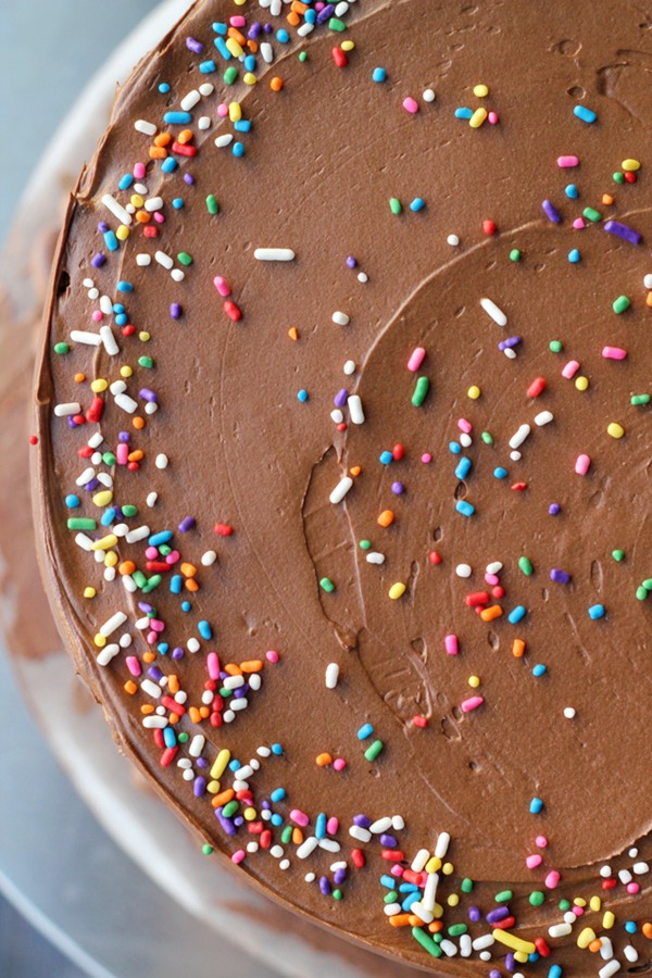 Yellow birthday cake with fluffy chocolate ganache frosting