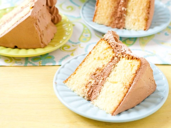 Yellow birthday cake with fluffy chocolate ganache frosting
