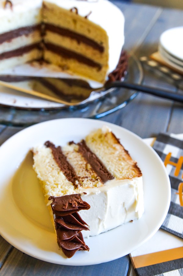 Yellow cake with chocolate filling and salted caramel buttercream