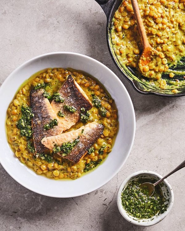 Yellow dal with crispy sea bass and coriander chutney 