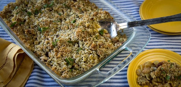 Yellow eye bean casserole with caramelized onion and fennel