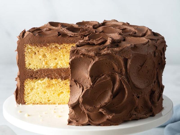 Yellow layer cake with chocolate frosting