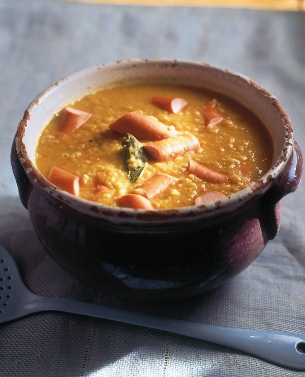Yellow split pea and frankfurter soup