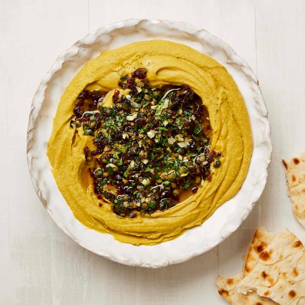Yellow split pea puree with onions and caper salsa