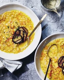 Yellow split pea soup with grilled eggplant