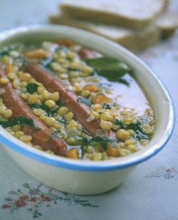 Yellow split pea soup with frankfurters