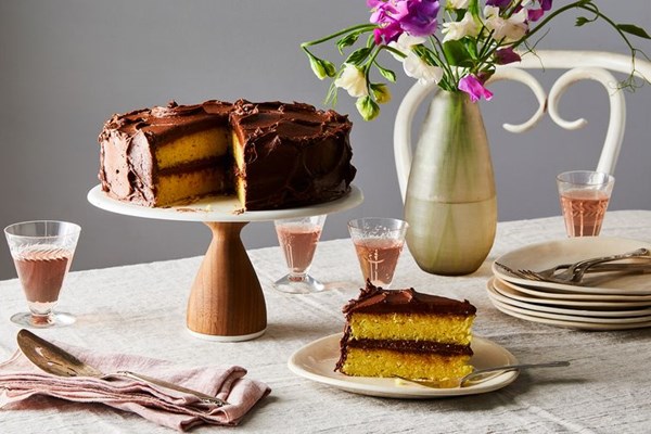 Yellowest yellow cake with fudgy chocolate frosting 