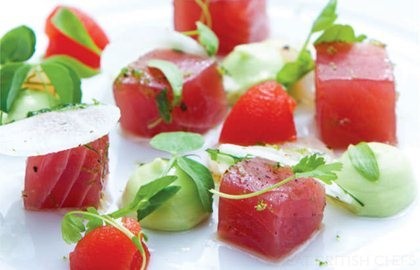 Yellowfin tuna with a lime and white radish dressing and Bloody Mary jelly