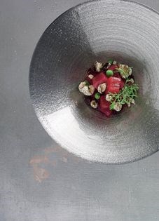 Yellowfin tuna with dashi custard, wasabi and soy jelly, popped pork and elk leaves