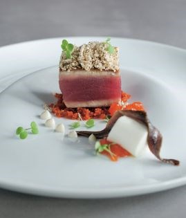 Yellowfin tuna with red pepper crumbs, yoghurt and anchovy