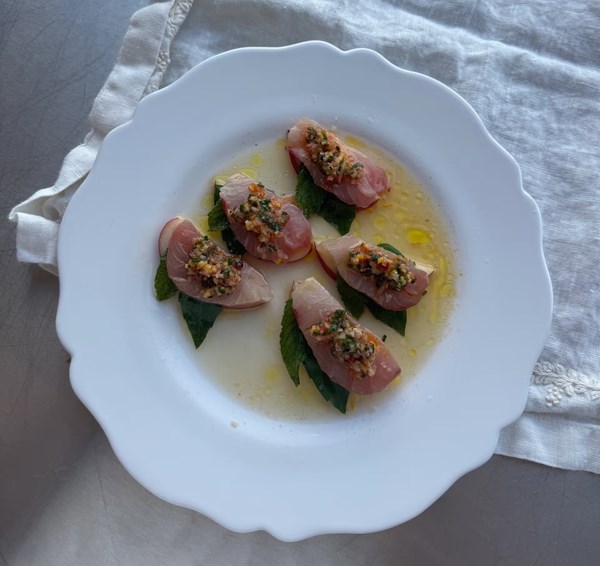 Yellowtail sashimi with nectarine & Meyer lemon relish