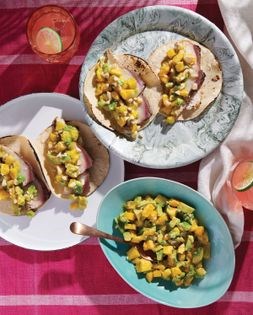 Yellowtail tacos with mango-avocado salsa