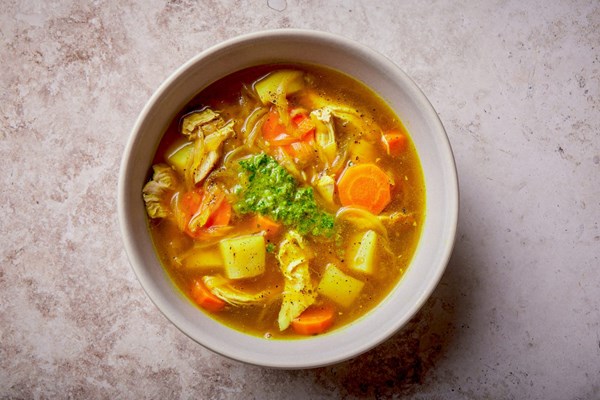 Yemenite chicken and vegetable soup with turmeric