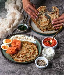 Yemenite pancake with everything labneh and lox (Scallion malawach)