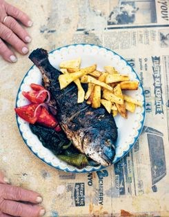Yiayia Anastasia's Greek marinated sea bream, Greek salad and garlic dip (Skordalia)