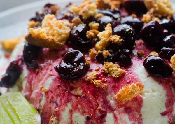 Yoghurt and orange semifreddo with cherries and amaretti