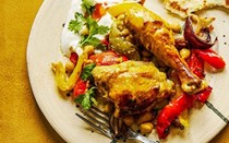 Yoghurt and spice-marinated chicken with peppers, chickpeas and coriander
