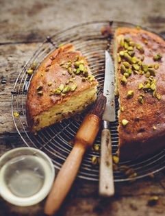 Yoghurt cake with honey, rosewater and pistachios