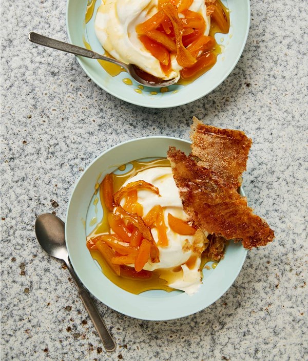Yoghurt cream, sticky apricots and filo wafer