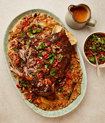Yoghurt-crusted spicy lamb with black-eyed beans