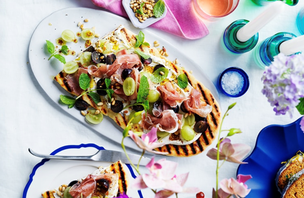 Yoghurt flatbread with whipped feta and grape and mint salad