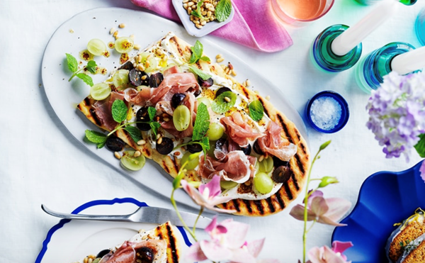 Yoghurt flatbread with whipped feta and grape and mint salad