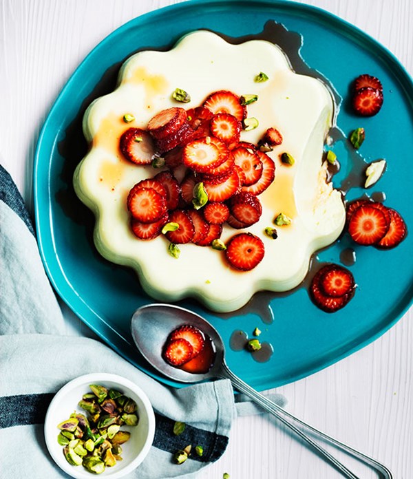 Yoghurt panna cotta with strawberries and rosewater