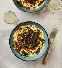Yoghurt rice with chana dal and curry leaf oil