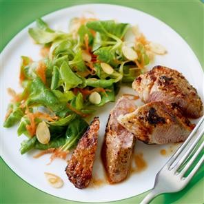 Yogurt and harissa lamb with crunchy salad