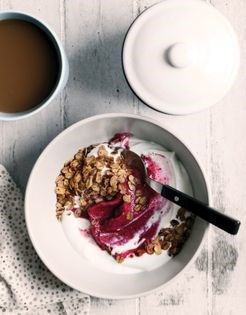 Yogurt bowls with cherry pesto and hazelnut oil-toasted oats
