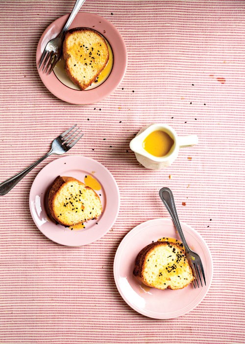 Yogurt bundt cake with passion fruit sauce