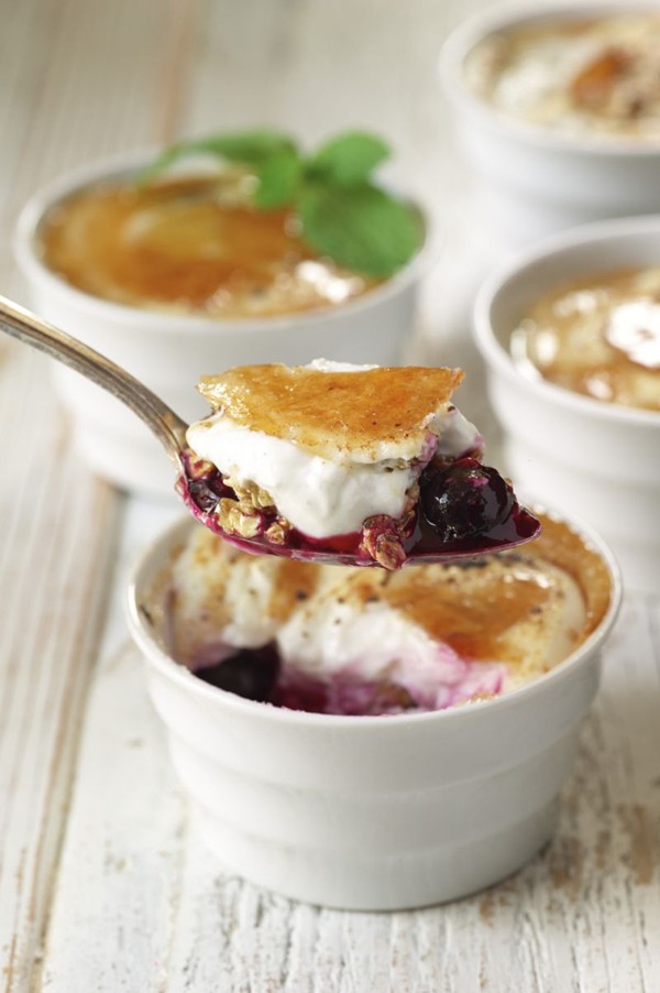 Yogurt crème brûlée with fresh fruit and granola