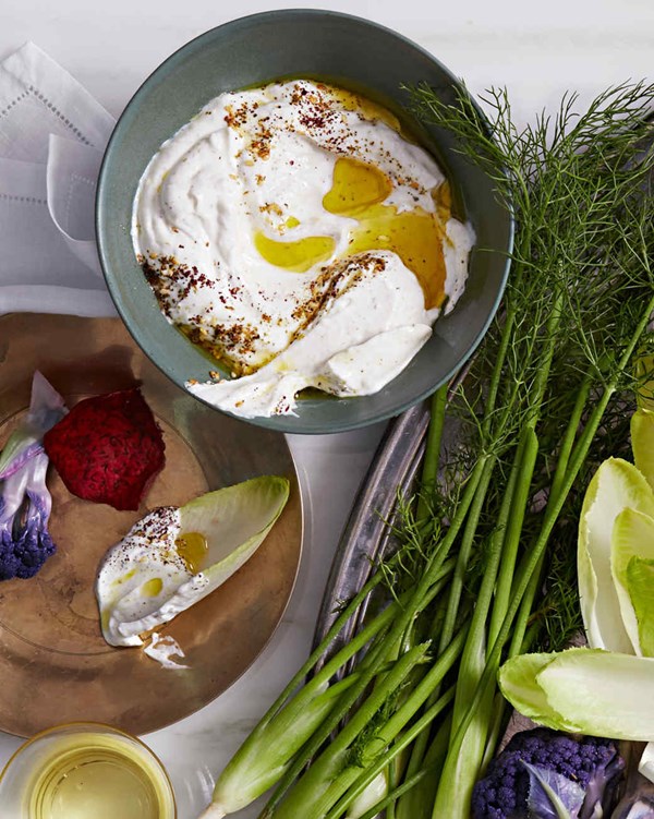 Yogurt dip with crudités and chips