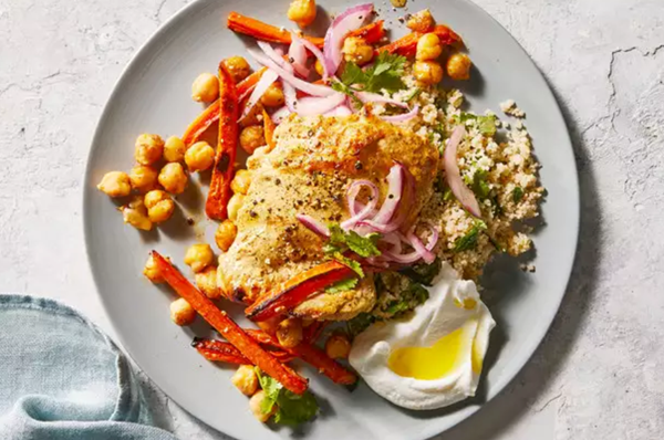 Yogurt-marinated chicken and chickpeas