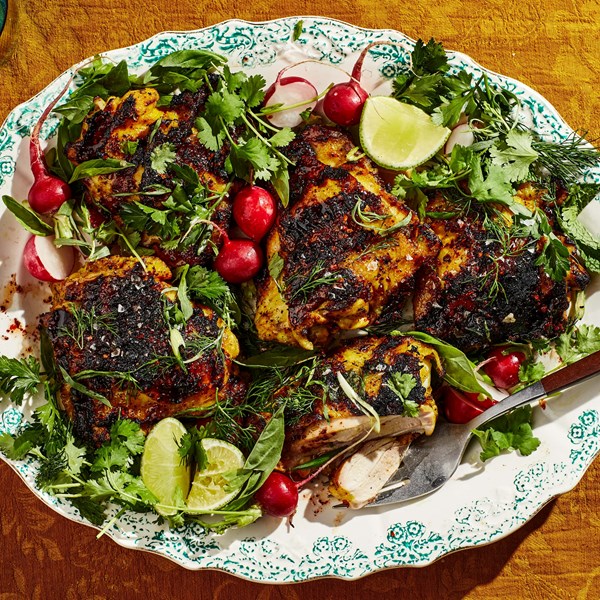 Yogurt-marinated chicken with hot honey and herbs