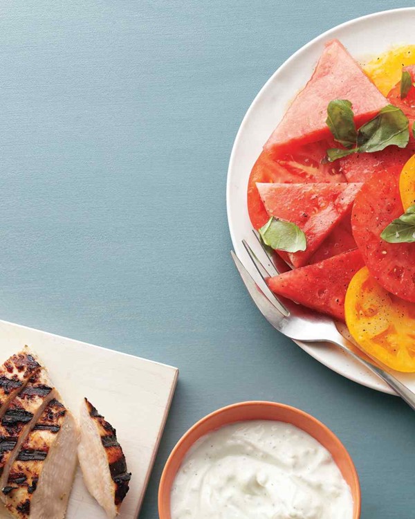 Yogurt-marinated chicken with watermelon salad